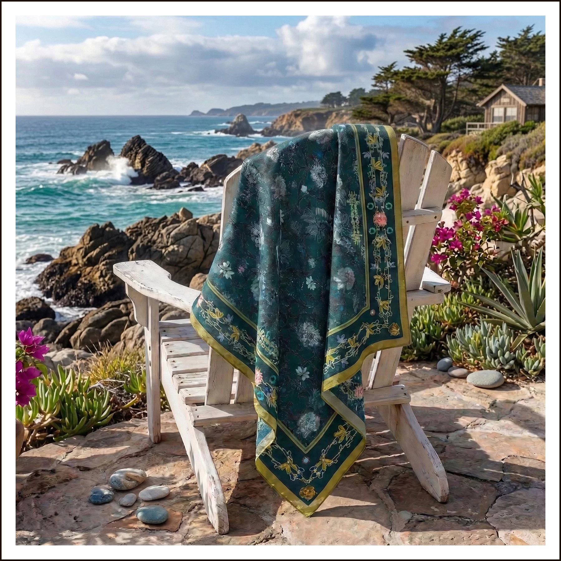 Floral Manuscript - Large Scarf - Peacock Blue-Pink-gold — Bruce